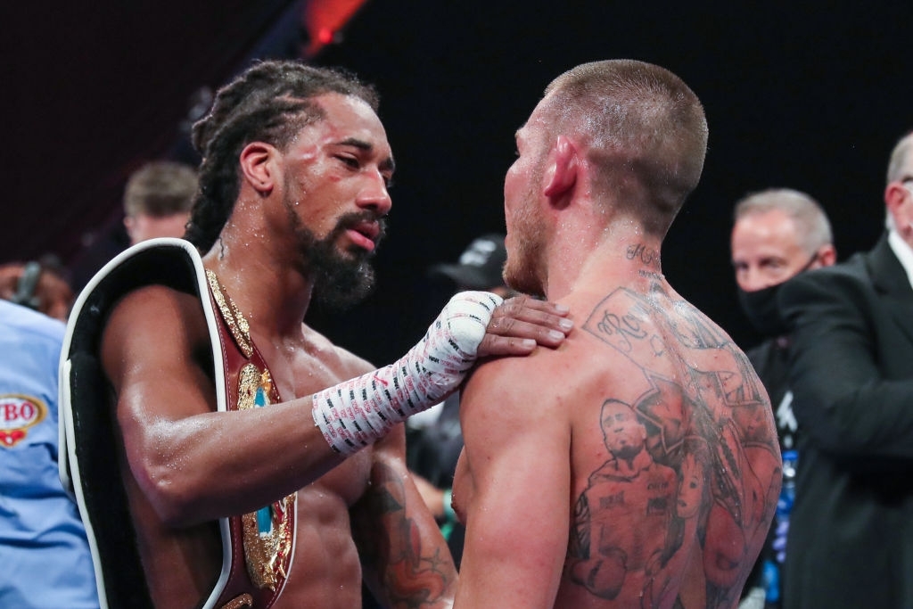 HOLLYWOOD, FL - APRIL 17: Demetrius Andrade speaks with Liam Williams after the WBO Middleweight Championship fight at Seminole Hard Rock Hotel & Casino on April 17, 2021 in Hollywood, Florida. (Photo by Alex Menendez/Getty Images)