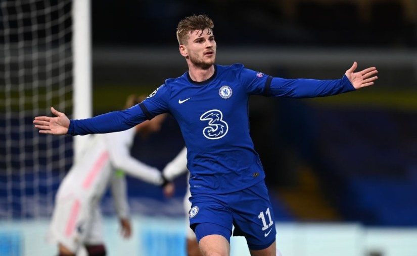 LONDON, ENGLAND - MAY 05: Timo Werner of Chelsea celebrates after scoring his team's first goal during the UEFA Champions League Semi Final Second Leg match between Chelsea and Real Madrid at Stamford Bridge on May 05, 2021 in London, England. Sporting stadiums around Europe remain under strict restrictions due to the Coronavirus Pandemic as Government social distancing laws prohibit fans inside venues resulting in games being played behind closed doors. (Photo by Darren Walsh/Chelsea FC via Getty Images)