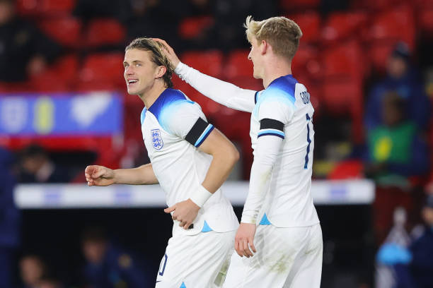 SHEFFIELD, ENGLAND - SEPTEMBER 27: Conor Gallagher of England celebrates after scoring his side's second goal during the international friendly match between England Under 21 and Germany Under 21 at Bramall Lane on September 27, 2022 in Sheffield, England. (Photo by James Gill - Danehouse/Getty Images)
