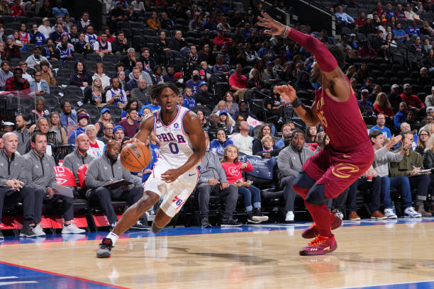 PHILADELPHIA, PA - OCTOBER 5: Tyrese Maxey #0 of the Philadelphia 76ers drives to the basket against the Cleveland Cavaliers during a preseason game on October 5, 2022 at the Wells Fargo Center in Philadelphia, Pennsylvania NOTE TO USER: User expressly acknowledges and agrees that, by downloading and/or using this Photograph, user is consenting to the terms and conditions of the Getty Images License Agreement. Mandatory Copyright Notice: Copyright 2022 NBAE (Photo by Jesse D. Garrabrant/NBAE via Getty Images)