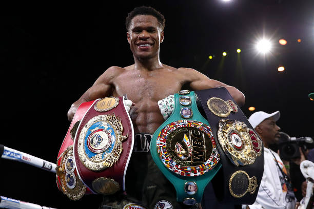 MELBOURNE, AUSTRALIA - OCTOBER 16: Devin Haney celebrates victory over George Kambosos Jr. in the World Lightweight Championship bout between George Kambosos Jr. of Australia and Devin Haney of the United States at Rod Laver Arena on October 16, 2022 in Melbourne, Australia. (Photo by Kelly Defina/Getty Images)