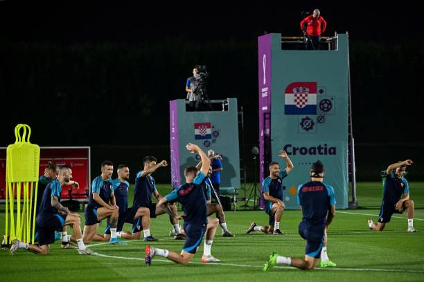 Croatia's players take part in a training session at the Al Erssal training site in Doha on November 30, 2022, on the eve of the Qatar 2022 World Cup football match between Croatia and Belgium. (Photo by OZAN KOSE / AFP) (Photo by OZAN KOSE/AFP via Getty Images)
