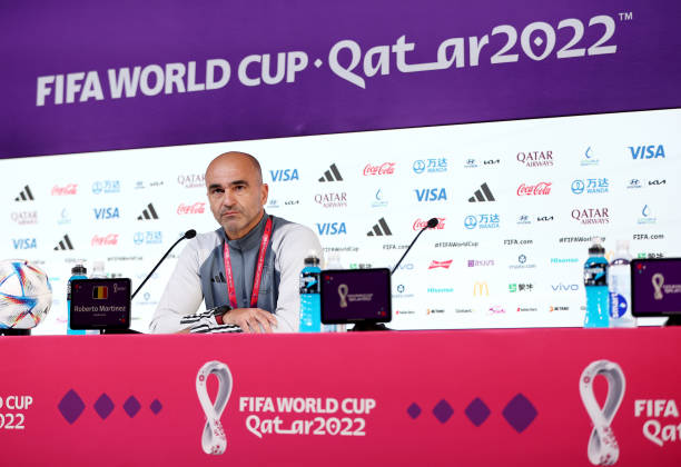 DOHA, QATAR - NOVEMBER 30: Roberto Martinez, Head Coach of Belgium, speaks during the Belgium Press Conference at the Main Media Center on November 30, 2022 in Doha, Qatar. (Photo by Christopher Lee/Getty Images)